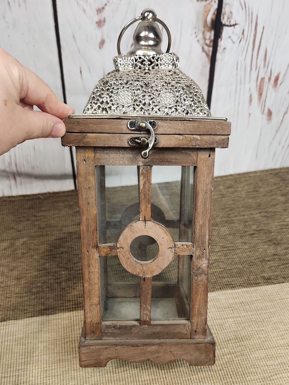 Morrocan Style Rustic Wooden Metal Lantern 14 Inches - Picture 3 of 8